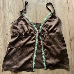 Social Tourist Brown Satin Babydoll Cami // green lace camisole tank top y2k